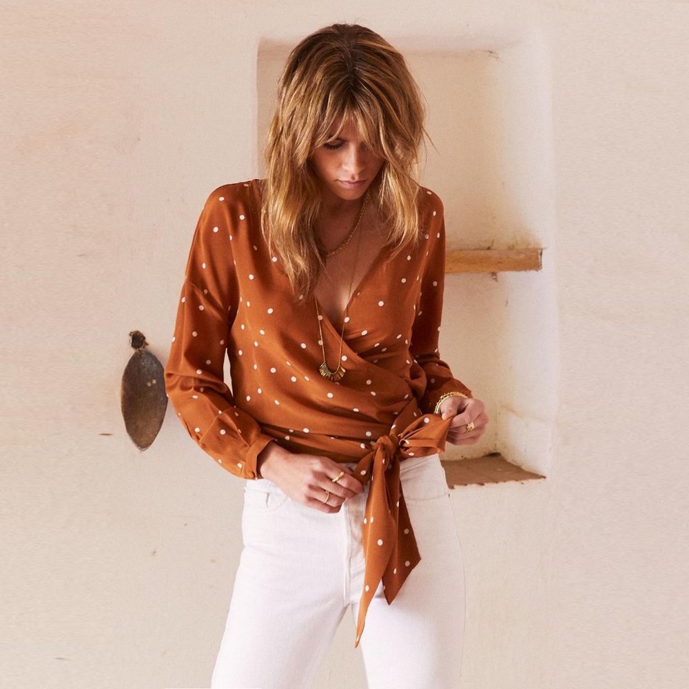 Sezane 100% silk polka dot wrap top